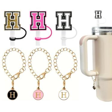 Imagem de (3 +3) 3 peças Stanley Tumbler Cup Straw Cover 10 mm reutilizável tampa de palha topper com 3 pingentes de letra inicial acessórios pingente de alça personalizada para Stanley Copo de 30 e 1,134 l (H)