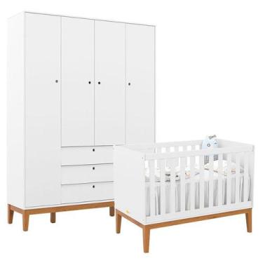 Imagem de Berço Americano e Guarda Roupa Unique 4 Portas Branco Soft Eco Wood - 
