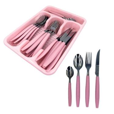 Imagem de Jogo de Talheres Rosa Faqueiro Aço Inox com Porta Talher - FRATELLI