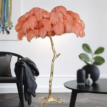 Imagem de Lâmpada de leitura de chão moderna com penas de avestruz, lâmpada alta regulável de 3 cores, luz dourada com interruptor de pé, lâmpada romântica para quarto de princesa