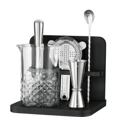 Imagem de Mixeries conjunto de copos de mistura de coquetel de cristal com suporte de bambu - 22 onças 650ml - fundo grosso e resistente, design durável e perfeito com acessórios de bar