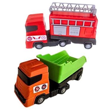 Imagem de Kit 2 Caminhão Brinquedo Bombeiro E Caçamba Articulado Infantil Intera