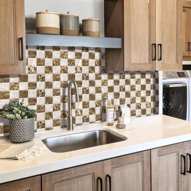 Imagem de AMAZING WALL Adesivo de parede para cozinha banheiro azulejos marrom e branco grade mármore pia bancada descascar e colar mural 12x12 10 peças/conjunto