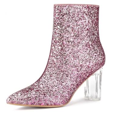 Imagem de Allegra K Botas femininas de cano curto com glitter e salto bloco transparente, rosa, 36