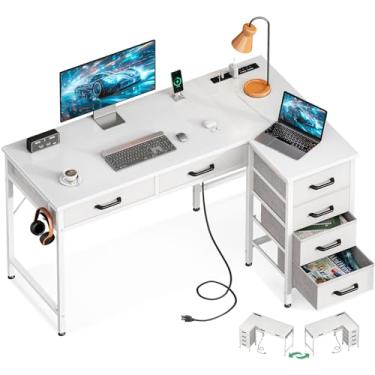 Imagem de Coleshome Mesa de 106 cm em forma de L com gavetas, mesa de computador com tomadas, mesa de escritório em casa com 6 gavetas, mesa de canto reversível para espaços pequenos, mesa de estudo com gancho,