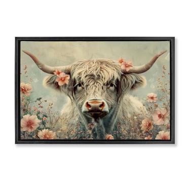 Imagem de Stupell Industries Tela emoldurada vaca com flores de cerejeira flutuador preto design de arte de parede por LSR Design Studio, 78 x 53