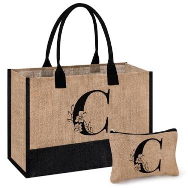 Imagem de AYGE Sacola de juta com inicial personalizada e bolsa de maquiagem, bolsa de praia, presentes com monograma para mulheres, presentes de aniversário para amiga, irmã, mãe, professora, dama de honra
