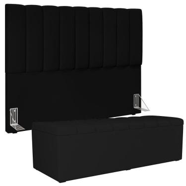Imagem de Kit Cabeceira Cama Box Casal King 195cm Com Calçadeira Baú Dália W01 Suede Preto - Lyam