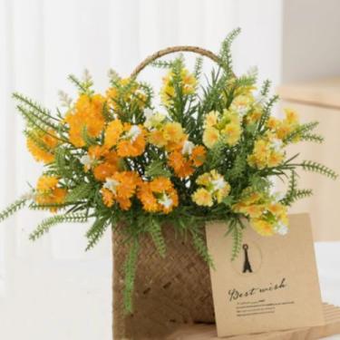 Imagem de Flores artificiais, arbustos, plantas de buxo resistentes aos raios UV, pacote com 4 flores de lavanda e grama, vegetação sintética para pendurar em ambientes internos e externos (amarelo + laranja)