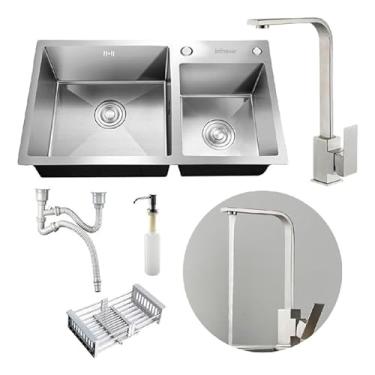 Imagem de Cuba Dupla Gourmet 78x43 Completa Com Acessórios Cozinha Aço Inox Prata + Torneira Monocomando Gourmet Luxo Slim Em L Prata Aço Inox Brinovar