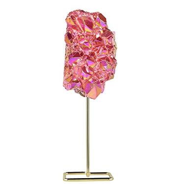 Imagem de Rockcloud Mostrador de quartzo de cristal revestido de titânio com suporte de metal Geode amostra de aglomerado de cristal para decoração de escritório em casa, vermelho