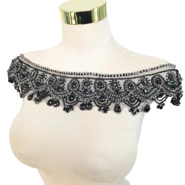 Imagem de FRILMS Remendos feitos à mão com contas de cristal corpete de renda DIY apliques acessórios para roupas sociais (S1-Preto)
