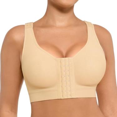 Imagem de FeelinGirl Sutiã feminino de compressão pós-cirurgia com fecho frontal pós-cirúrgico, sutiã minimizador sem fio, Pele, GG