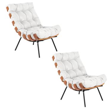Imagem de Kit 02 Poltronas Giratória Costela Couro Branco Base Madeira