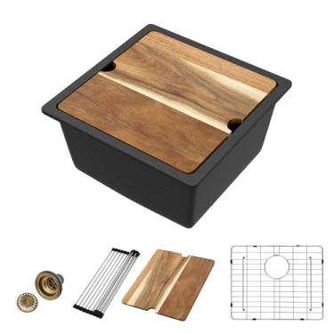 Imagem de Donsdey Pia de cozinha pequena composta de granito, pia de barra úmida com estação de trabalho, quartzo, tigela única semelhante a pedra natural (preto fosco, 45 cm)