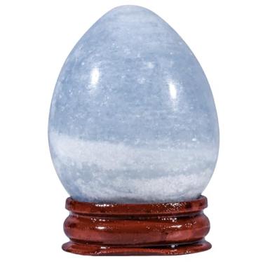 Imagem de Nupuyai Pedra celestite azul ovo de 5 a 6 cm com suporte de madeira polido para ovo com bolso de ovo estátua de pedra para decoração de casa para meditação relaxada
