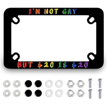 Imagem de I'm Not Gay But $20 is Motorcycle License Plate Frame Stainless Steel Waterproof Metal Funny Black Tag Holder Colorful Motorcycle Accessory 4 Holes with Screw Nuts Caps 7,7"x 4,5" Fit Motorcycle Bike