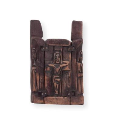 Imagem de Oratório Doméstico em Madeira Recuperada (DD58), Escultura Sacra Artesanal, 16 cm x 9 cm, Estilo Ermida, Acabamento em Cera de Carnaúba