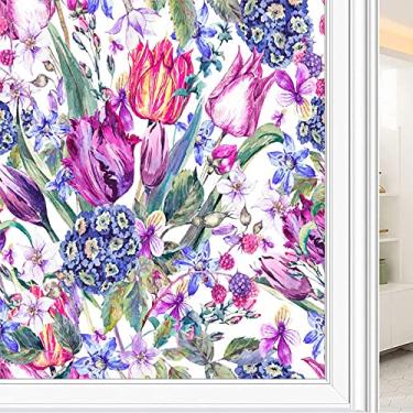 Imagem de Película de janela de privacidade de flores, textura de estilo floral, filme de vidro para sala de estar e escritório em casa, L90 x C 190 cm