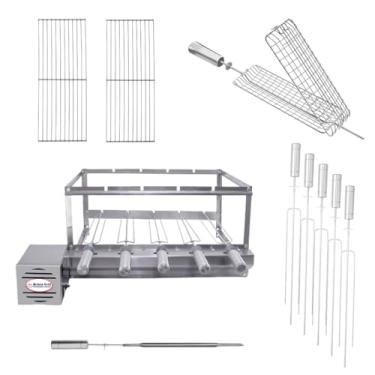 Imagem de Kit Churrasqueira Gira Grill Inox 5 Espetos com 2 Grelhas Auxiliares, 1 Espeto grelha giratória e 1 Espeto Espada (Motor Esquerdo)