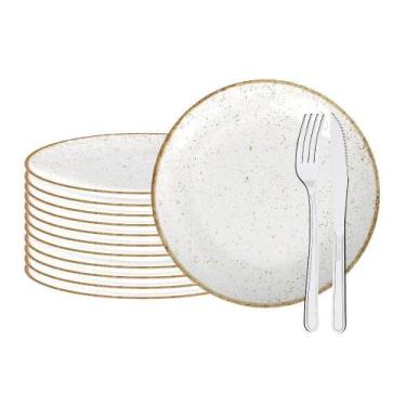 Imagem de Jogo De Pratos Rústico 12pç Porcelana 25cm Com Talheres Buzios Tramont