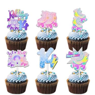 Imagem de 18 peças de patins coloridos com glitter para cupcake para patinação hip hop retrô dos anos 80 anos 90 rolo em 14 artigos de decoração temática meninos meninas decorações de festa feliz aniversário de