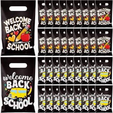 Imagem de Gersoniel 100 unidades de sacos de presente de plástico Welcome Back to School com alça para o primeiro dia de aula, sacolas de doces com lápis coloridos e padrões de ônibus para decoração de festa em