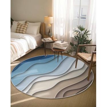 Imagem de Tapete redondo, azul gradiente abstrato geométrico círculo tapete de sala de estar tapete antiderrapante, tapete de água ondulado arte moderna tapetes macios confortáveis para quarto de crianças e
