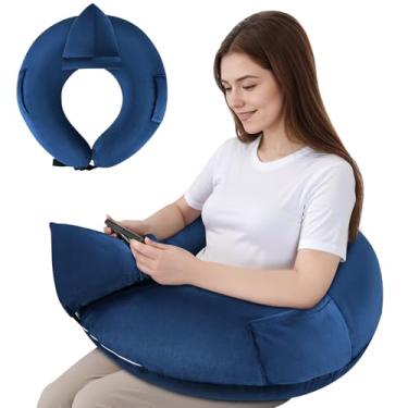 Imagem de COOLBEBE Almofada de leitura para jogos, almofada de mesa de colo em forma de U para sentar na cama ou sofá, almofada de suporte de braço para ler, brincar ou fazer crochê, azul marinho