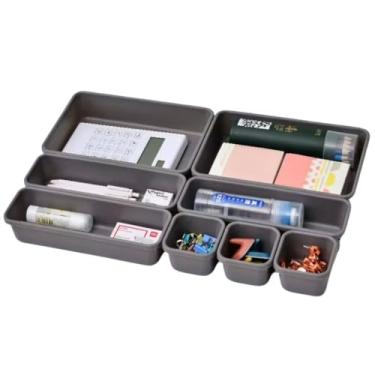 Imagem de Organizador Modular para Gavetas Bancadas Armários Kit com 8 Potes Sortidos Plástico cinza