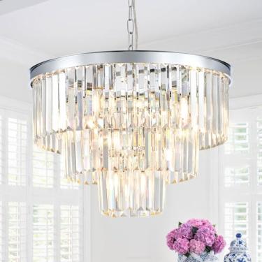 Imagem de Lustres de cristal modernos de 50,8 cm, lustres redondos cromados para sala de jantar 3 níveis 7 luzes de luxo K9 luminária pendente de teto de cristal para foyer quarto armário