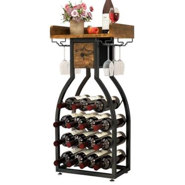 Imagem de IBUYKE Rack de vinho, piso independente, armazenamento de vinho, 15 garrafas, suporte de vidro, mini bar armário de vinho com gaveta de armazenamento para casa, bar, cozinha, sala de jantar, marrom