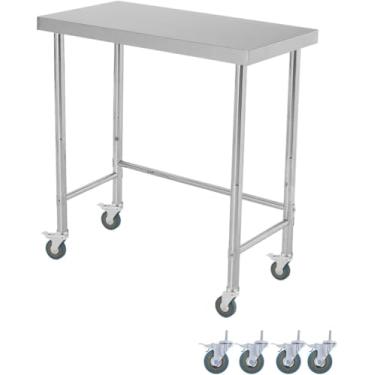 Imagem de Mesa de trabalho de aço inoxidável de 46 x 91 cm, mesa de trabalho de 136 kg, pesada, NSF, com pés ajustáveis e rodízios de bloqueio, base aberta, mesa utilitária de metal de camada única para cozinha
