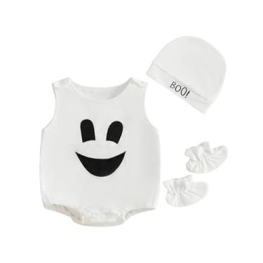 Imagem de Ynibbim Macacão de Halloween para bebês sem mangas, macacão para recém-nascidos, macacão com 3 peças, primeiro conjunto de vestido infantil de Halloween (branco, 6 a 12 meses)