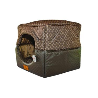 Imagem de Cama para Cachorro Toca Quadrada em Corino + Poliéster Marrom Escuro LV Grande (G) 50 x 50 x 50 cm
