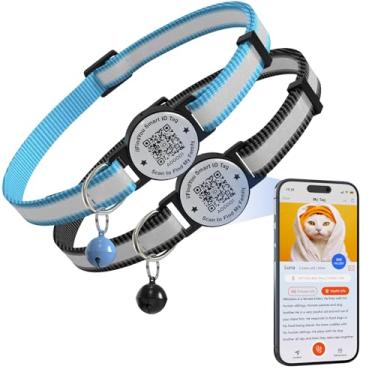 Imagem de ilFindYou Pacote com 2 coleiras para gatos com sinos, coleiras reflexivas para gatos com código Qr, coleira ajustável para gatinho com etiqueta de nome, preto e azul