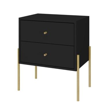 Imagem de Mesa De Cabeceira Minimalista Com Pés Finos De Ferro - Preto Laca Com Puxadores E Pés Dourado