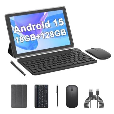 Imagem de Tablet Android 15, 10 polegadas 18 GB RAM 128 GB ROM, tablet processador quad-core 2,0 GHz, tela sensível ao toque 1280 x 800 IPS, 2,4 G/5G WiFi, tablets 2 em 1 com teclado, capa, mouse, caneta