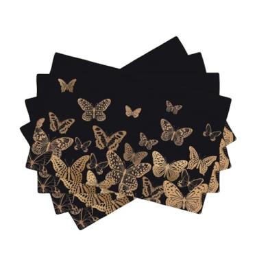 Imagem de Conjunto de 4 jogos americanos de borboleta dourada, fundo preto, elegante, silhueta de inseto, decoração de linho lavável de luxo moderna para sala de jantar, mesa de cozinha, 30,5 x 45,7 cm
