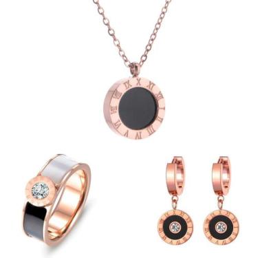 Imagem de Conjunto Luxo Anel Colar Brinco Banhado Ouro Rosê Cristal Cz - Euro Im
