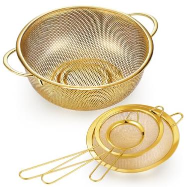 Imagem de Baderke 1 escorredor dourado de aço inoxidável de 3 litros e 3 peças de filtro de malha fina com alças acessórios de cozinha dourados para drenagem de cozinha, enxaguar, servir alimentos, macarrão