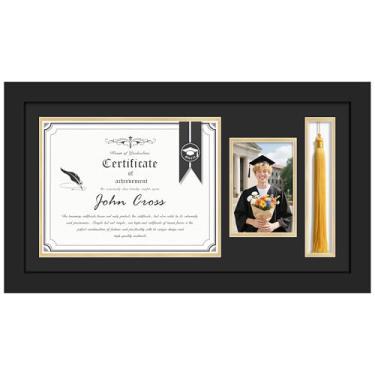 Imagem de Picrit Moldura de madeira para diploma de 25 x 50 cm com suporte de borla para certificado/documento de grau de 20 x 28 cm e fotos de formatura 12 x 17 cm com vidro temperado, tapete preto sobre ouro