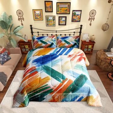 Imagem de Erosebridal Conjunto de edredom boêmio, aquarela, tamanho casal, graffiti, para crianças, homens e mulheres, geometria abstrata, laranja, azul claro, conjunto de edredom para todas as estações