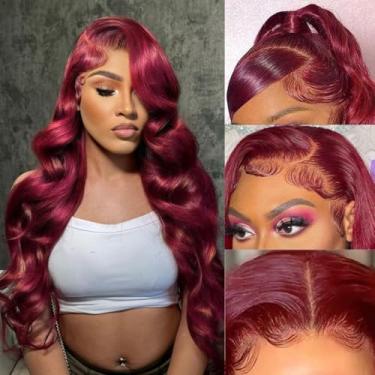 Imagem de Perucas de cabelo humano com renda frontal bordô, 13 x 6 HD ondulado 99j peruca frontal de renda bordô, cabelo humano pré-arrancado com cabelo de bebê, densidade de 180%, peruca vermelha vinho sem