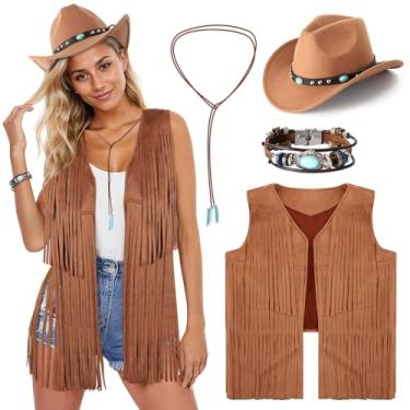 Imagem de PARTTELY Roupas femininas ocidentais de vaqueira, colete de cowgirl, boho, chapéu de caubói, colete com franjas para cosplay de Halloween, Marrom, G