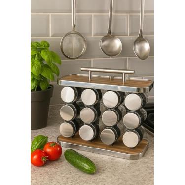 Imagem de Porta-Temperos em Vidro e Inox, 12 Compartimentos de 90ml, Base em Madeira