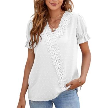 Imagem de Blusa Feminina De Renda Com Decote Em V De Crochê Chiffon Folha De Lótus Manga Curta Flowy T-shirts Blusa De Bolinhas Suíças Lazer Cor Sólida Tee Top Lace Cross Chiffon Re, A-white, M