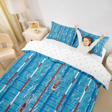 Imagem de Erosebridal Capa de edredom de piscina azul tamanho solteiro para crianças, adolescentes e adultos, conjunto de cama de natação de verão, jogos esportivos, capa de edredom temática de nadador