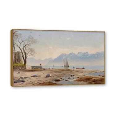 Imagem de Moldura externa de teca. Famosas pinturas a óleo (paisagem 10) por Peder Mork Monsted, reprodução impressa em tela, arte de cenário para decoração de sala de estar. 30 x 48 cm - 11,8 x 18,8 pol