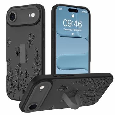 Imagem de AIGOMARA Capa feita para iPhone Air com alça de dedo linda flor preta floral para mulheres meninas TPU macio amortecedor rígido PC traseiro antiqueda à prova de choque capa fina